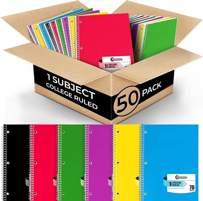 1 Subject Spiral Notebook Bulk, 50 Pack, College Ruled, 70 Sheets | 1 Subject Notebook Bulk, Thick Paper, 140 Pages, 8 x 10-1/2", 3 Hole Punched, Bulk College Ruled Notebook for School & Office
