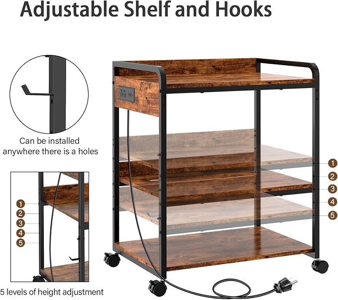 3-Tier Large Printer Stand with Power Outlet and Adjustable Storage Shelf | Printer Table for Home Office 25.2" x 18.9" Printer Cart with Wheels Rolling Cart for a CPU Tower or Shredder,Brown