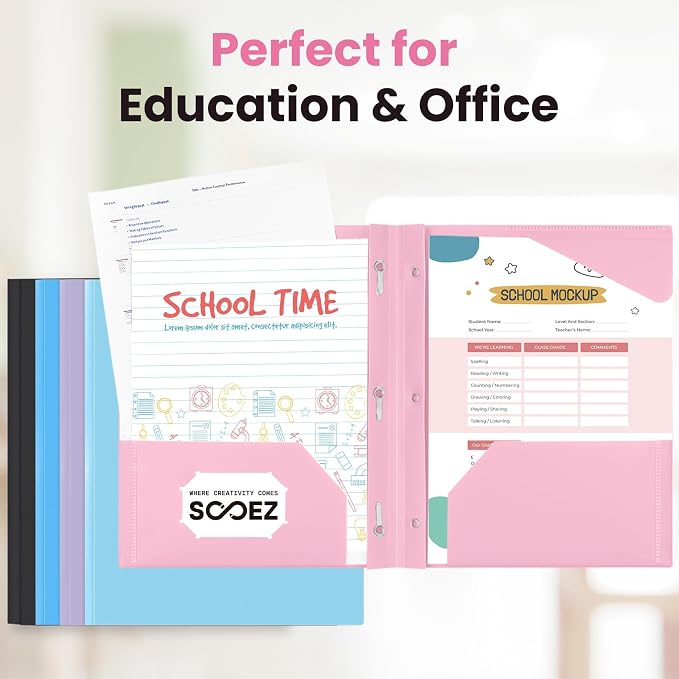 Sooez 1 Pack Plastic Folder, 2-Pocket Folders with Prongs | Fit Letter Size Paper, Sturdy 3 Prong File Folders for Documents, Folders with Pockets Back to School Supplies for Kids