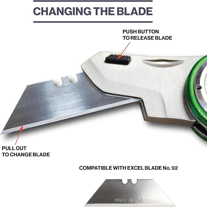Excel Blades Revo Folding Utility Knife – Heavy-Duty Box Cutter with Aluminum Body, Quick-Change #92 Blades, 3 Lock Positions Design, Anti-Slip Finger Loop Grip, Holster Included – Green