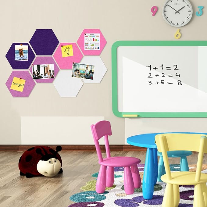 Large Hexagon Felt Cork Board Tiles, Self Adhesive DIY Felt Bulletin Board Pin Board with 35 Pushpins for Office School Home Wall Decor(Purple+Light Purple+Pink)