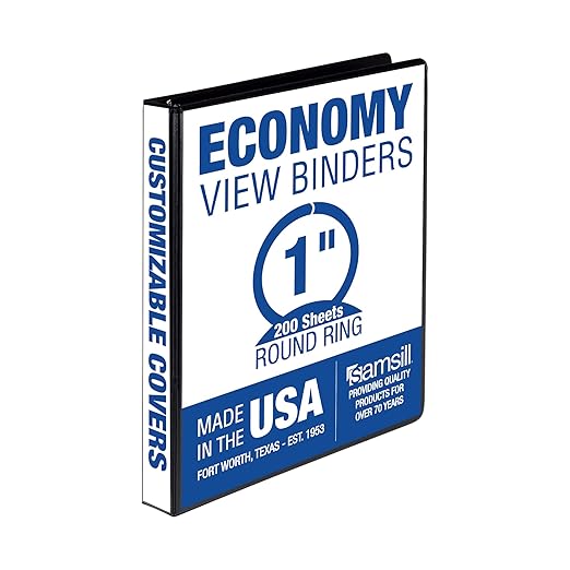 Samsill 1 Inch 3 Ring Binder, Economy Round Ring, Clear View Cover, 200 Sheet Capacity - for School, Home, Office - Black