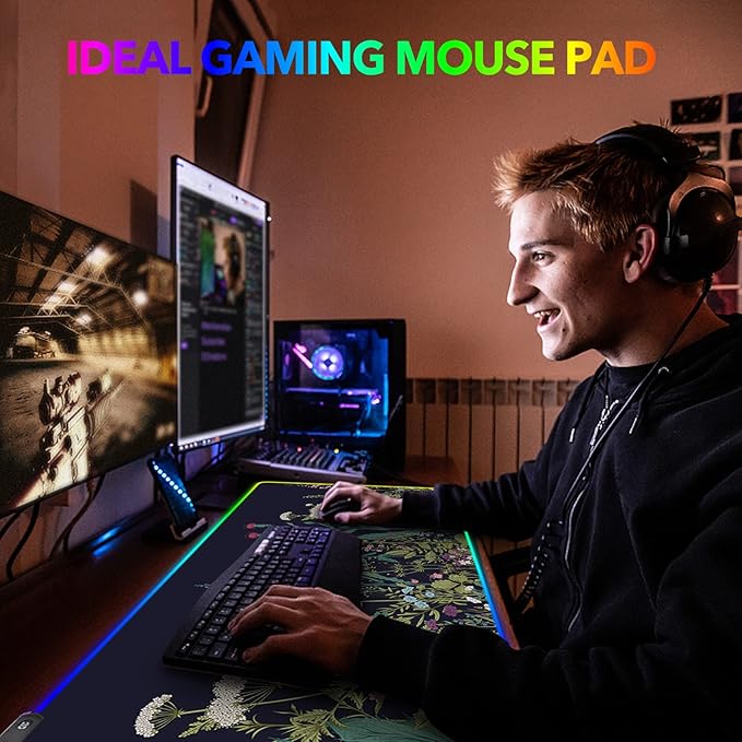 RGB Gaming Mouse Pad Large, AIMSA Keyboard Led Mousepad Extended 35.4 x 15.8 inch Non-Slip Rubber Base with 14 Lighting Modes, Big Desk Mat Waterproof, Flowers Plants