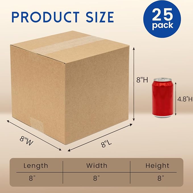 Mefleet 8x8x8" Shipping Boxes 25 Pack Corrugated Cardboard Square Box Brown | 3 Layers, Bulk quantity, Packaging for Small Business, Mailer Mailing Packing Supplies