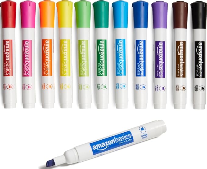 Amazon Basics Dry Erase Whiteboard Markers, Chisel Tip, Low-Odor, Assorted Colors, 12-Pack, Erase Easily