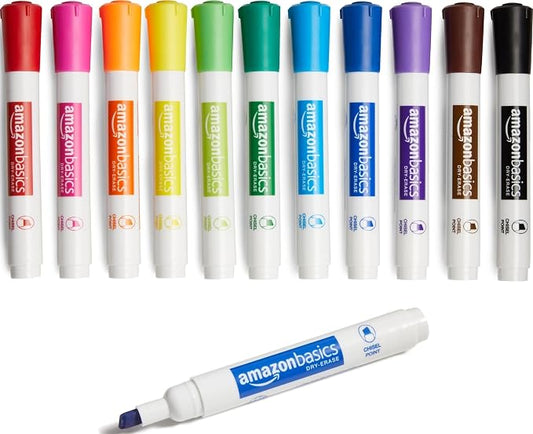 Amazon Basics Dry Erase Whiteboard Markers, Chisel Tip, Low-Odor, Assorted Colors, 12-Pack, Erase Easily