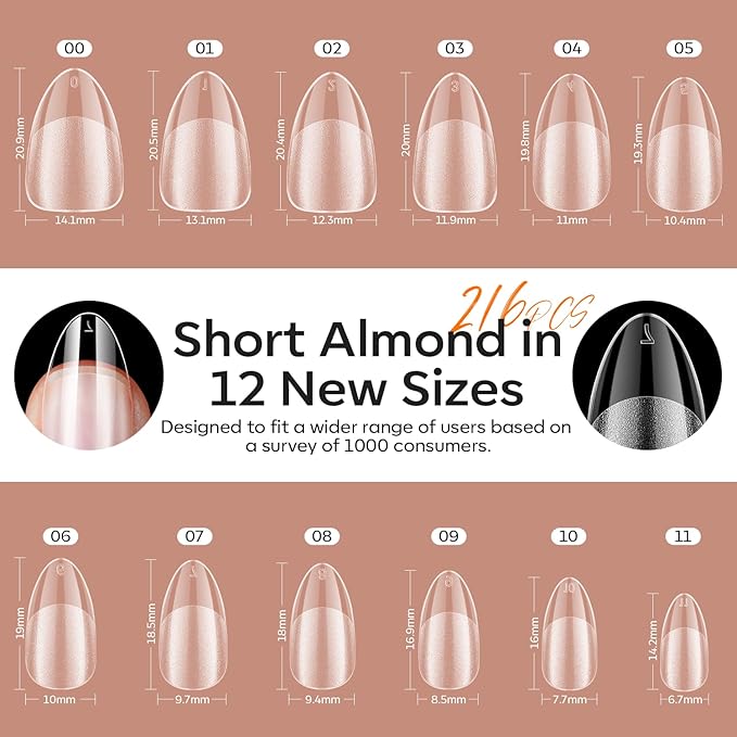 modelones X Nail Gel Kit Short Almond, 9-in-One Nail Glue with Portable U V Lamp 216Pcs 12Sizes Pre-Etched Press ons Fake Acrylic Extension Kit DIY Salon Gift for Women