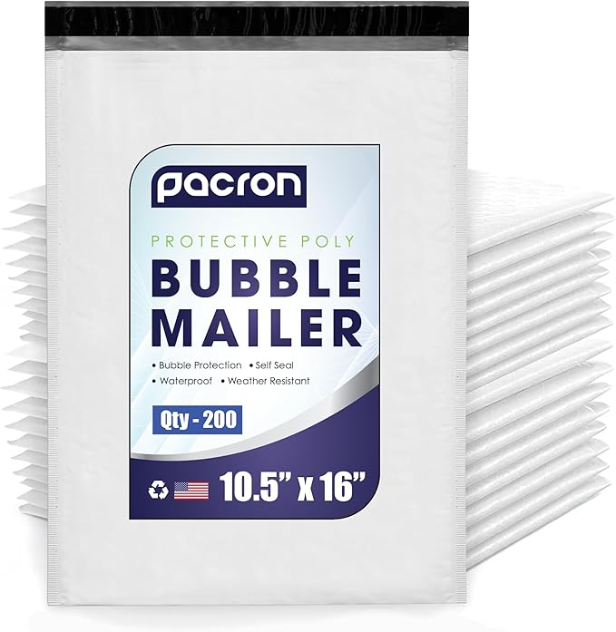 200-Pack Waterproof Poly Bubble Mailers 10.5 x 16 - Thick, Durable, Instant Seal Envelopes with Strong Adhesive - Protective Shipping Mailers for Jewelry, Cosmetics, SD Cards, USB Cables