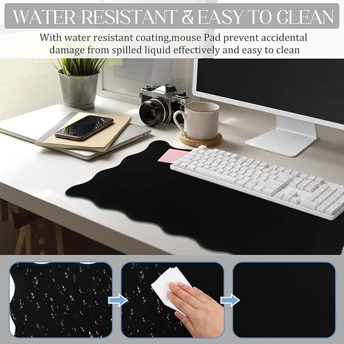 Hahafelt Scalloped Desk Mat Waterproof,Black,31.5 X 15.8 Inches | Coquette Preppy Style for School Office Makeup Vanity, Nonslip Gaming Desktop Protector with Scalloped Stitched Edge Mat