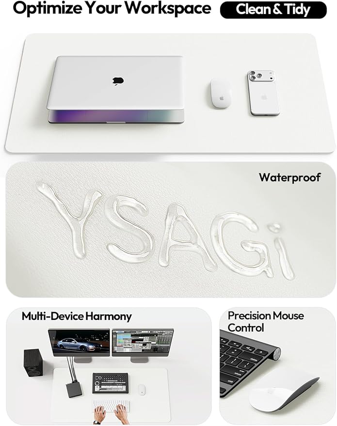 YSAGi Leather Desk Protector, Office Mat, Large Mouse Mat, Non-Slip PU Leather Blotter, Laptop Desk Pad, Waterproof Writing Pad for Office and Home (White, 35.4" x 17")