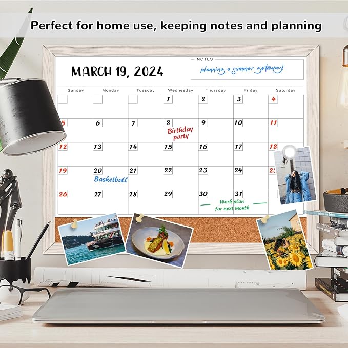White Board Calendar Dry Erase Board for Wall, Magnetic WhiteBoard, 17"x13" | Hanging Board, White Wood Frame White Board and Cork Board Combo, Calendar Bulletin Board for Kitchen Planner Memo Office