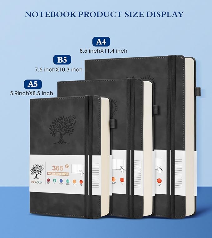A4 Lined Journal Notebook，365 Page Large Leather Journals for Writing Women Men，Hardcover Notebook with 100Gsm Thick Pages for Travel，Work，School，College Ruled, Daily Diary (8.5" x 11.4")