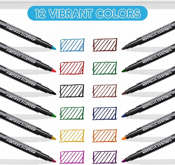 EMART Dry Erase Markers Fine Tip 12 Colors Magnetic White Board Markers | 1-2mm Thin Whiteboard Pens with Eraser Cap Low Odor for School, Classroom, Office, Home, Teacher Must Haves