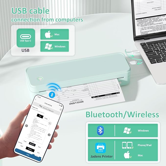 Inkless Portable Printer for Travel, Wireless Thermal Printer Supports 8.5 x 11 Inch Thermal Paper, Bluetooth Machine Includes Carry Case and 3 Rolls of Paper Kit, Green