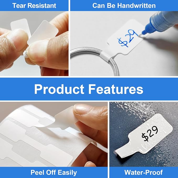 1000 Pcs (500/Roll) White Jewelry Tags Stickers for Pricing | Rectangular Self Adhesive Price Tags, Removable Residue-Free, Blank Waterproof, Jewelry handicrafts Tags for Retail Display