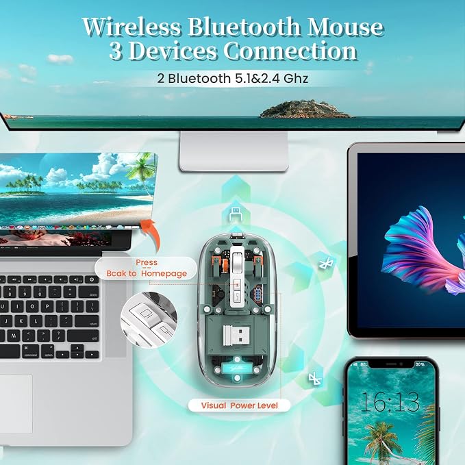 AJAZZ Wireless Bluetooth5.1&2.4G Mini Lightweight Mouse,Transparent Clear Cool,Rechargeable Silent Computer Mice,Nano USB C Receiver,LED Battery Magic Silm for Office/PC/Mac/Laptop/Apple/ipad(Green)