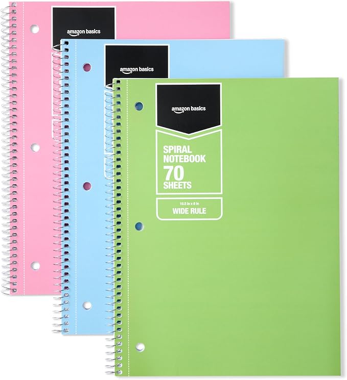 Amazon Basics College Ruled Spiral Notebook, For Work and School, 70 Sheets, 8" x 10.5", 3 pack, Assorted Pastel Solid Colors