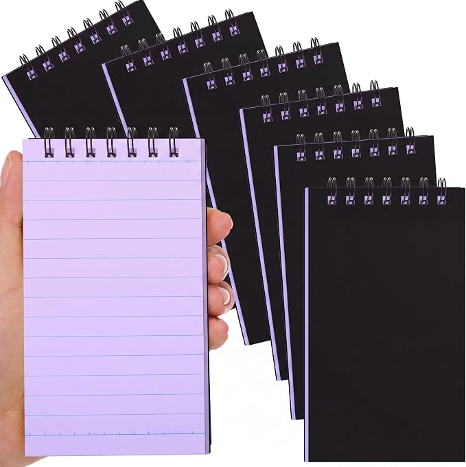 Tenceur 6 Pcs Pocket Notebook Small 3x5 Inch Black Cover Purple Page Top Spiral Notepads Bound Notebook with Lined 120 Pages Mini Memo Pads for Office College Nurse Essentials Back to School Gift