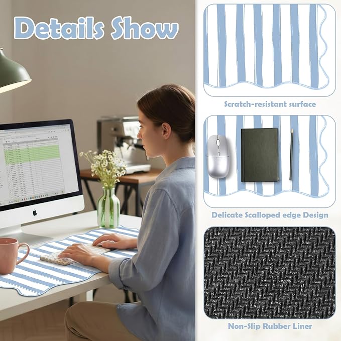 1 Pcs Blue Scalloped Striped Desk Mat 31.5 x 11.8 Inch Large Cute Mouse Pad Computer Mat Non Slip Waterproof Rubber Base with Border Stitching Soft Keyboard Pad for Home Office Gaming Makeup