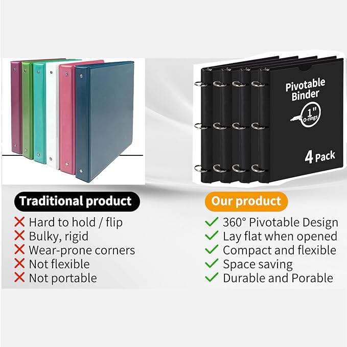 360° Pivotable 3 Ring Binder, Soft 1 inch Binders 3 Ring, Flexible Thin Soft Three Ring Binder Fits 8.5" x 11", for Home, School and Office-Black