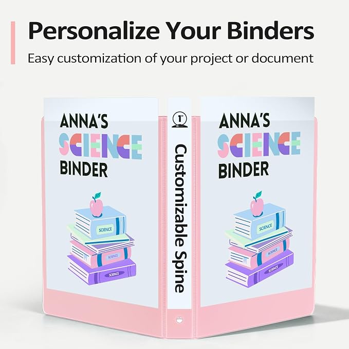 2 Pack BinderX Extra Durable 3 Ring Binder, 1 Inch Binder Round Rings, Fits 350 Sheets of 8.5x11 Paper, Customizable View Cover with Inside Pockets, Cute 1 Inch Binders 3 Ring, Pink & Blue