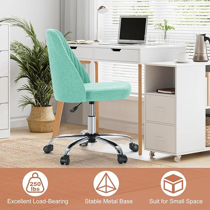 DUMOS Comfy Office Desk Chair, Armless Computer Vanity Chair | Height Adjustable, 360° Rolling Swivel Task with Wheels, Wide Seat Home Bedroom, Student, Adults, Green