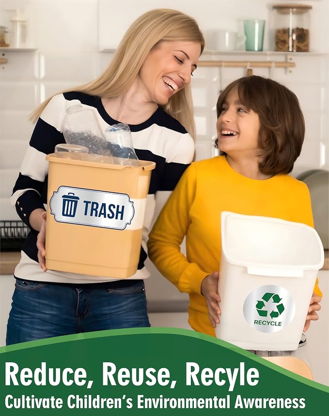 Recycle Stickers for Trash Bins 4Pcs, Waterproof Trash and Recycle Stickers | Self-Adhesive Sticker for Home, Office, Hotel, Apartment, School, Recycling Signs for Indoor/Outdoor Garbage Can