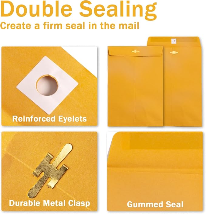 Goefun Yellow Manila Clasp Envelopes, 6x9, 100 Pack | 100GSM Heavy Kraft Paper, For Business, Legal, Office