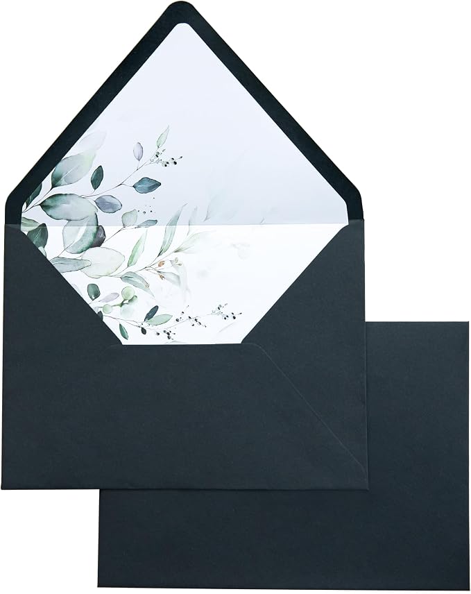 PONATIA 50PCS A7 Euro Flap Envelopes, 5.25 x 7.25'' Liner Envelope For 5x7'' Weddings Invitation Cards, Christmas Gift Cards, Acrylic Invitations, Photos (Black)