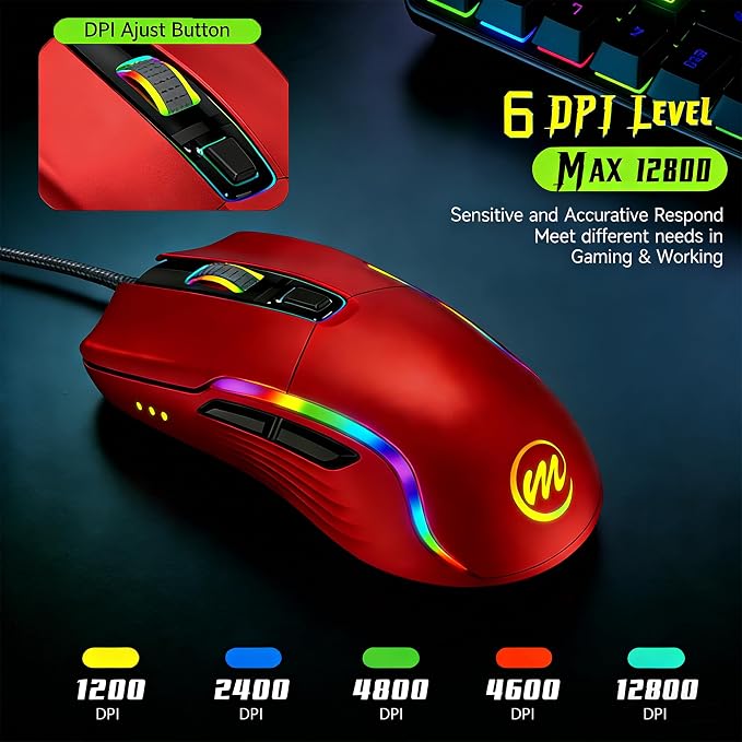 memzuoix Wired Gaming Mouse with RGB - 6 Adjustable DPI up to 12800, 6 Buttons, 12 Lighting Modes, Ergonomic Design with Anti-Slip Rubber Wheel, 5.6ft Braided Cable for PC/Mac/Windows - Red
