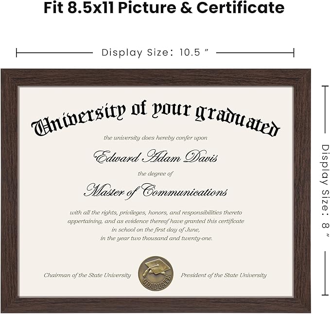 upsimples Certificate Frame with Clear Plexiglass, 8.5 by 11 Picture Diploma Document Degree Frames for Wall and Tabletop, Brown, 1 Pack