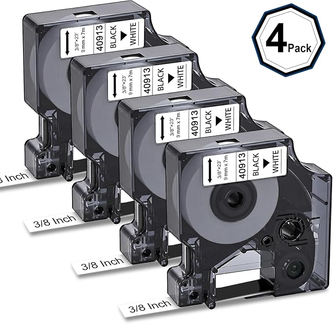 4Pack 40913 S0720680 Label Tape Compatible with DYMO D1 Label Tape | Black on White 3/8'' 9mm Standard Label Tape Replacement for dymo LabelManager 160 280 210D 420P Crisp Printing, Easy to Peel