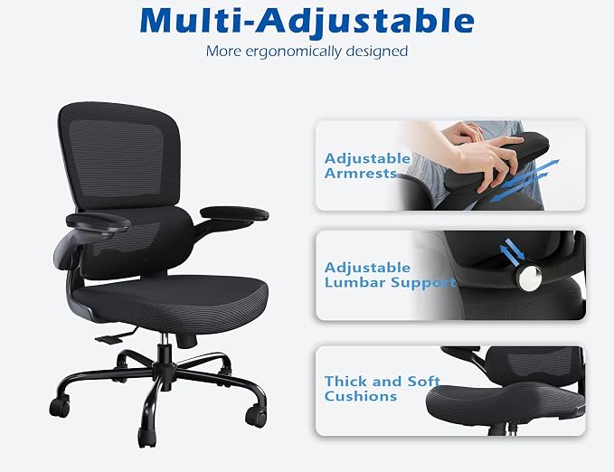 TRALT Ergonomic Office Chair Desk Chair with Adjustable Lumbar Support | Desk Chair Comfy with Flip-up Armrests Ergonomic Chair - Mesh Computer Chairs for Adults, 330lbs, PU Leather (Black, 4)