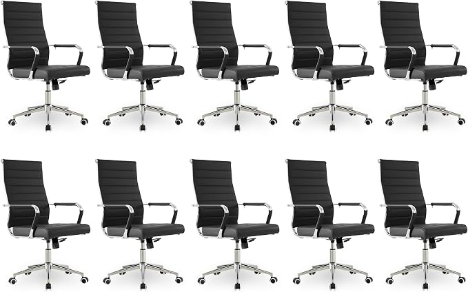 Okeysen Office Desk Chair, Ergonomic Leather Modern Conference Room Chairs, Executive Ribbed Height Adjustable Swivel Rolling Chair for Home Office Set of 10. (Black)