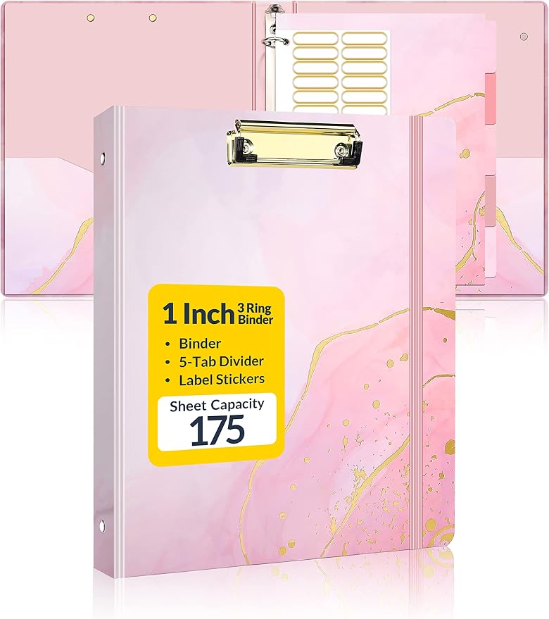 SUNEE Pink Marble 1 Inch 3 Ring Clipboard Binder with Dividers, Letter Size