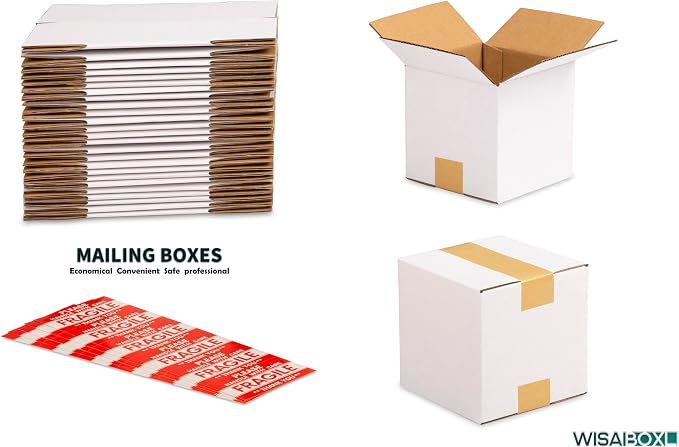 6x6x6 inch Shipping Box for Coffee Mug, Candle, Craft, 25 Pack | White 6 x 6 Small Cardboard Box for Business Mailing, Packing, Moving, Storage, with Fragile Stickers