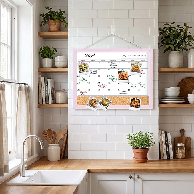 Whiteboard Calendar, 24x18 Hanging Dry Erase Calendar for Wall | Magnetic, With Cork Board, Hangable, Wooden Frame, Ideal for Dorm Room, Office, Kitchen, Bedroom, Home, School, Classroom