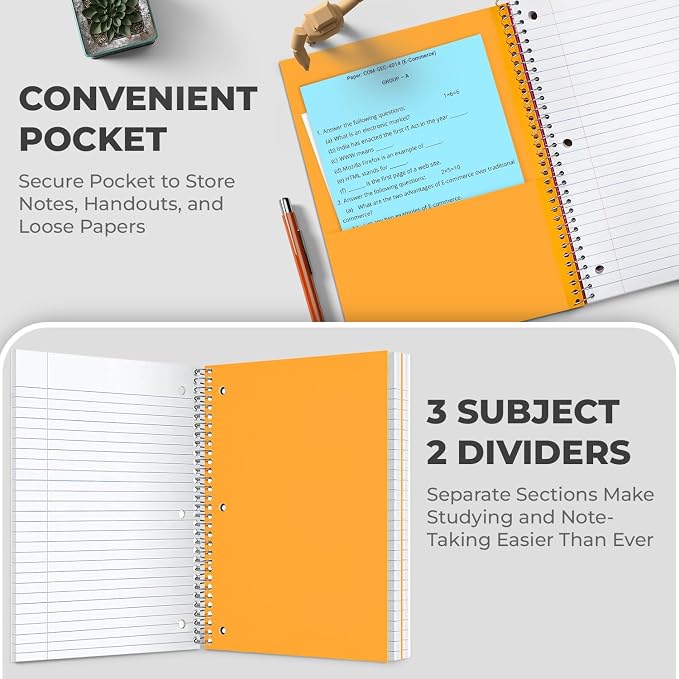 3 Subject Spiral Notebook Bulk, 36 Pack, College Ruled, 150 Sheets | Thick Paper, 300 Pages, 8 x 10-1/2", Bulk Spiral Journal for School, 3 Hole Punched, Bulk Subject Notebooks, Assorted Colors
