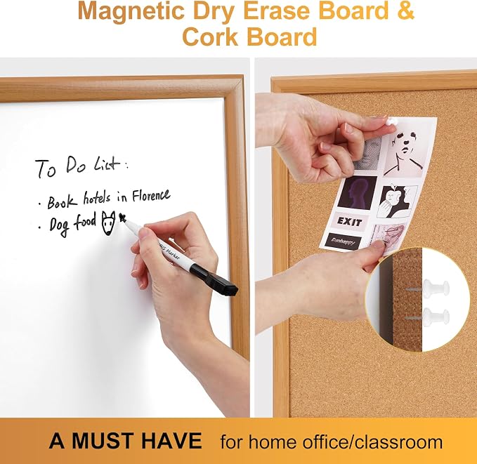 Cork Board White Board Combo with MDF Wood Frame | 30 x 20 Inch Bulletin Board, Magnetic Dry Erase Board & Corkboard for Wall, Vision Board for Home, Office, School