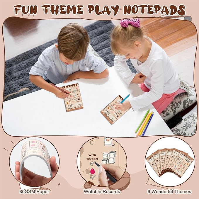 Kids Pretend Play Notepads 4X6 In Pretend Play Notebooks Playtime Notepads Variety Role Play Game Accessories Pages Each for Kids Toddlers 3-5(6,Brown Coffee Shop)
