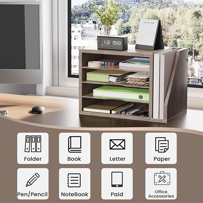 Mail Sorter, File Organizer Desktop, Wood Desk Organizer with 3 Adjustable Shelves, Mail Holder for Office, Home, Letter Sorter File Holders for Envelopes, Mail Supplies Magazines, Greige