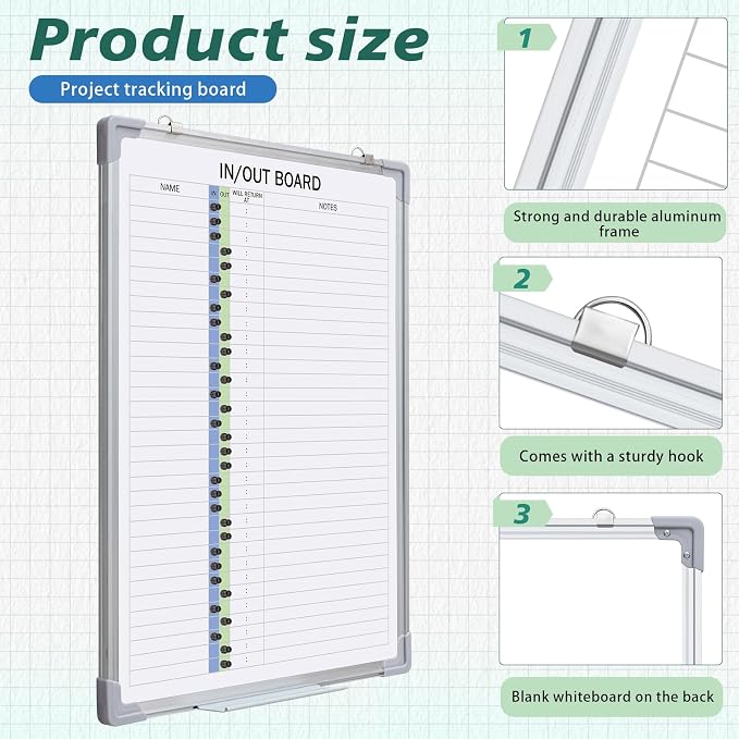 in and Out Magnetic Dry-Erase Board 24" x 18" Aluminum Framed White Board with Lines 33 Names with Magnetic Dry-Erase Marker, Eraser, and 35 Magnets Wall-Mounted for Office Employee