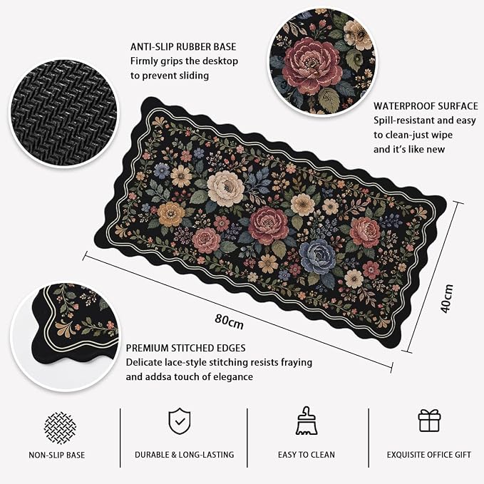 Vintage Floral Scalloped Desk Mat Colorful Sage Orange Blue Flowers Mousepad XL Large Gaming Mouse Pad Laptop Keyboard Mat Desk Pad Office Home Decor for Women Girl 31.5"x15.7"