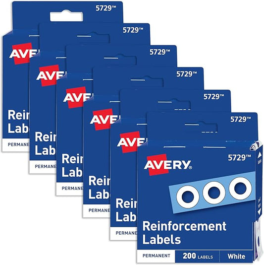 Avery Reinforcement Labels, 1/4" Diameter, Permanent Adhesive, White, Non-Printable, 6 Packs, 1,200 Page Reinforcement Stickers (21919)