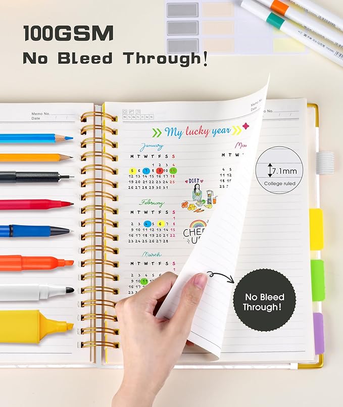 Hardcover Spiral Notebook Journal with Removable Dividers Tabs, 300 Pages Leather 5 Subject Notebook College Ruled, 8"x10" Large Notebooks for Work School Note taking, Lined Journal for Women, White