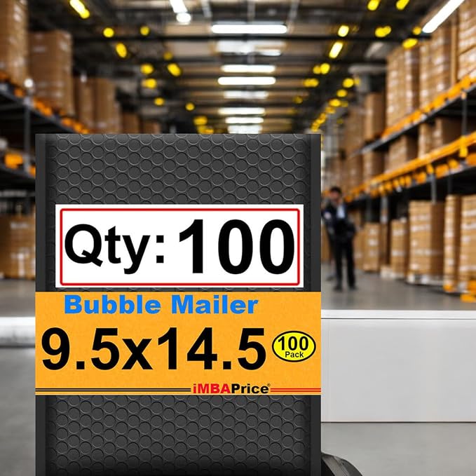 iMBAPrice 9.5x14.5 Inch Black Poly Bubble Mailers, 100-Pack | Medium-Large Padded Shipping Envelopes, Self-Seal Adhesive, Waterproof, For Electronics & Accessories