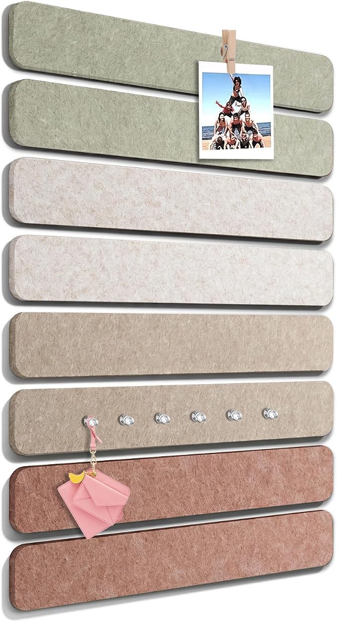 Thboxes 8 Pack Felt Bulletin Board Strips, 13x2 Inch Self Adhesive Felt Pin Boards with 50 Pushpins and 10 Wooden Clips Push Pins, Cork Board for Walls Home Office Decor(Vintage Neutral)