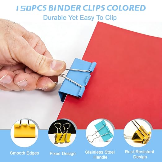 150pcs Binder Clips 1.25 Inches Medium Colored Binder Office Clamps Colored Paper Clips and Binder Clip Bulk for Office Supplies, Home, School (Medium-Color)