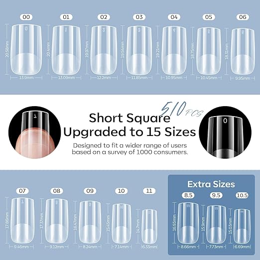 modelones X Nail Gel Kit,15Sizes Gel Nail Tips Short Square, 9-in-One Glue Prep Dehydrator & Portable Led Lamp, 510Pcs Pre-shaped Square Press On Extension Kit DIY Salon Home Gift for Women