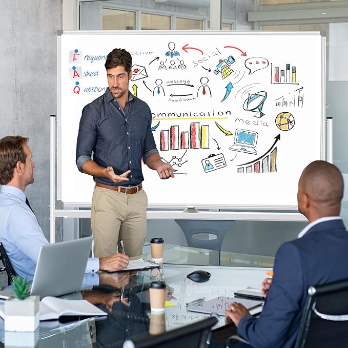 Double Sided Rolling Whiteboard 60 x 48 inch, Large Mobile Whiteboard Magnetic Dry Erase Board Easel Standing Board on Wheels for Office, School, Home, 2 Eraser, 6 Markers, 20 Magnets